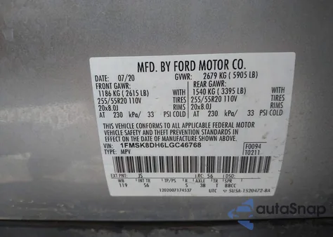 2020 Ford Explorer Xlt from USA, damaged, VIN 1FMSK8DH6LGC46768